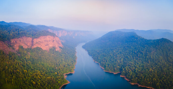 Sharavati river valley aerial panoramic view in India
