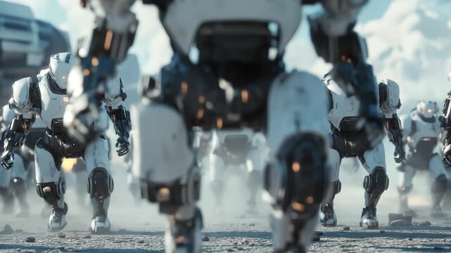 Concept of futuristic battle between transformer robots using advanced future weapons, dynamic science fiction scene, copy space