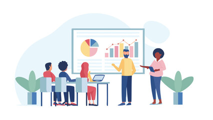 Obraz premium Diverse team in a modern office attends a business presentation with charts and graphs displayed on a large screen