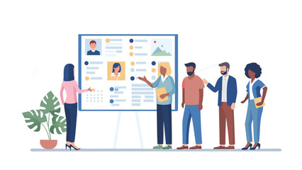 Diverse group of people gathered around a presentation board displaying candidate profiles for review and discussion