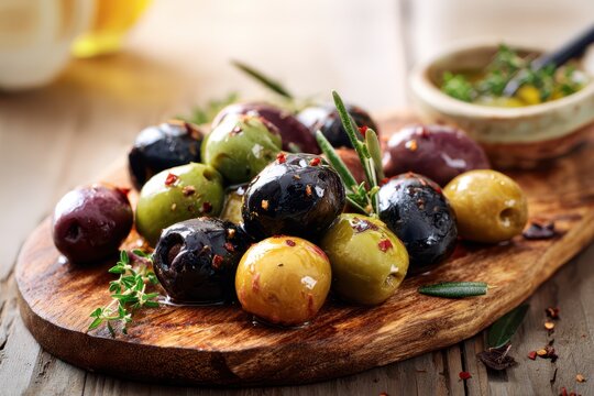 Macro still life: green and dark olives marinated with garlic, chili, and herbs on a wooden board