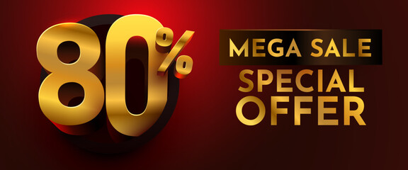 Golden 80 discount special offer with Mega Sale text on a luxurious dark red background. Ideal for promotions and advertising banners. Vector illustration