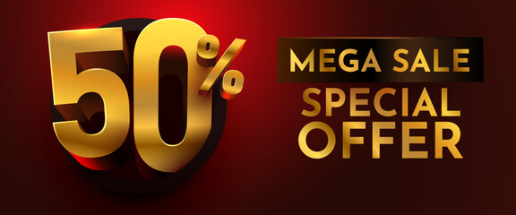 Golden 50 discount special offer with Mega Sale text on a luxurious dark red background. Ideal for promotions and advertising banners. Vector illustration