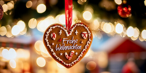 Traditional German heart-shaped gingerbread cookie with icing and “Frohe Weihnachten” text (Merry Christmas in German), hanging at a Christmas market