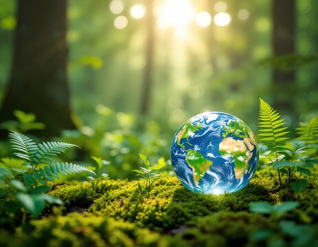 A globe of the earth surrounded by lush green plants and sunlight in a forest setting - Powered by Adobe