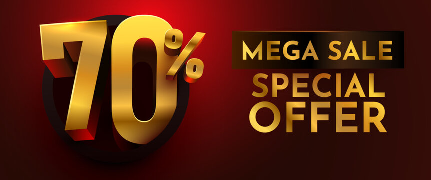 Golden 70 discount special offer with Mega Sale text on a luxurious dark red background. Ideal for promotions and advertising banners. Vector illustration