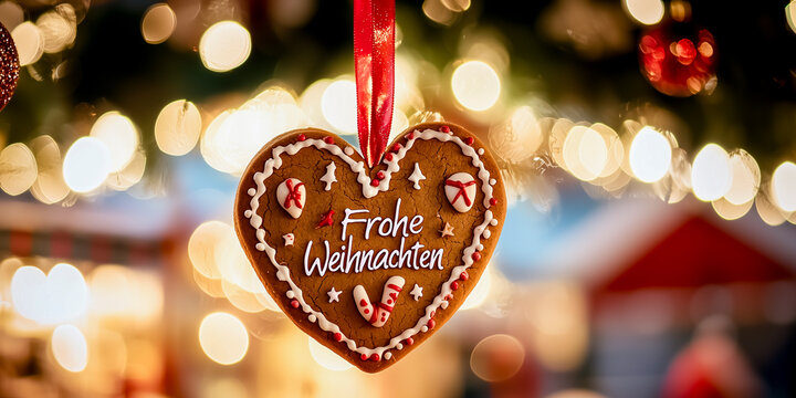 Traditional German heart-shaped gingerbread cookie with icing and “Frohe Weihnachten” text (Merry Christmas in German), hanging at a Christmas market