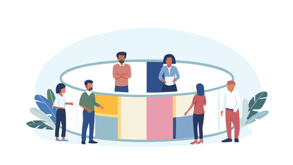 Diverse group of professionals collaborating and discussing ideas in a modern circular meeting space with colorful accents and plants