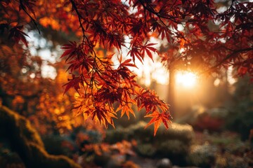 Maple tree bathed in warm autumn sunlight with vibrant leaves