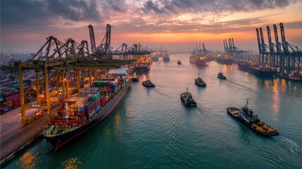 Massive container vessels approach a bustling harbor with towering cranes and bright containers
