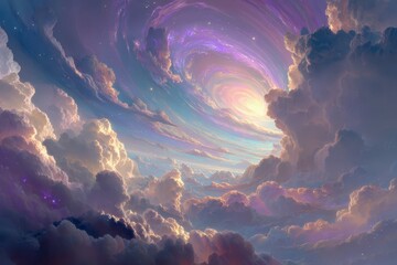 Massive spiraling vortex over a multicolored sky with healing light and ample copy space for spiritual messages