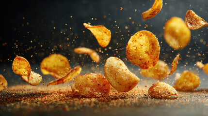Spicy potato chips crisp falling with seasoning scattering