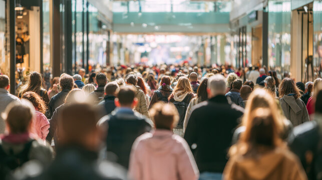 Large crowd of people walking in shopping mall
