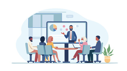 Diverse group of professionals attending a business presentation or meeting with a speaker on a large screen