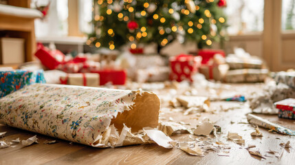 Christmas morning gift unwrapping aftermath on floor