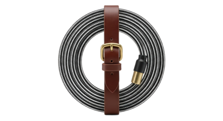 Coiled black and white striped extension cord secured with a brown leather strap and brass buckle, isolated on transparent background provides a neat and organized appearance