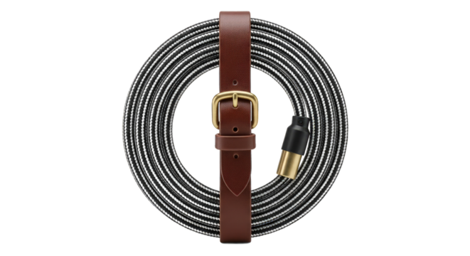 Coiled black and white striped extension cord secured with a brown leather strap and brass buckle, isolated on transparent background provides a neat and organized appearance