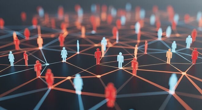 Abstract illustration of connected people, symbolizing networks, communities, and digital connections in a modern, interconnected world. - Powered by Adobe