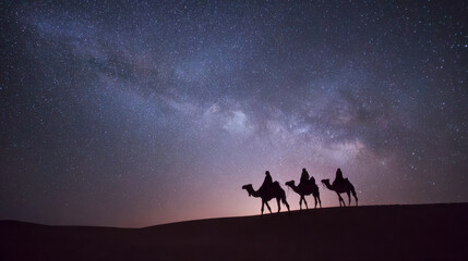 Camels trekking desert under starry Milky Way night