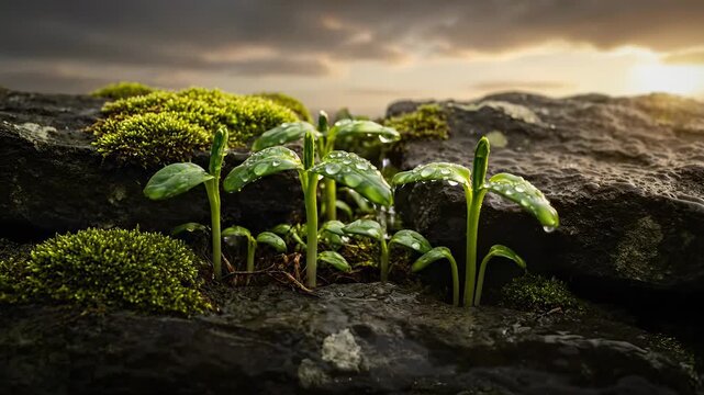 seedling and moss push through rock crevice. sprout and plant absorb water for growth. soil packed inside crevice supports seedling sprout. nature pattern of moss and rock under cloudy sky dawn.