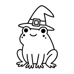Dibujo sencillo con líneas de rana simpático con sombrero de bruja para tarjetas y felicitaciones de Halloween 