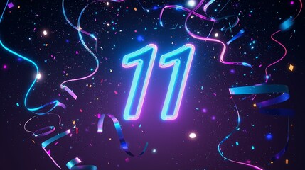 Neon 11 number floating in space with confetti and ribbons, celebration countdown