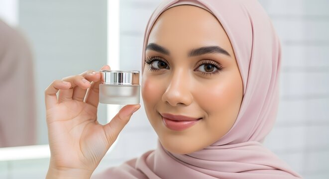 A young woman wearing a hijab holding a small jar of skincare cream and smiling in a bright, modern bathroom setting