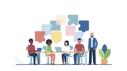 Diverse team collaborating on a project with puzzle pieces symbolizing teamwork and problem solving in a modern office setting