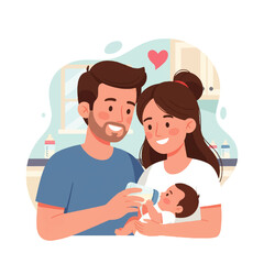 Obraz premium Family feeding baby with bottle in kitchen, love and care.