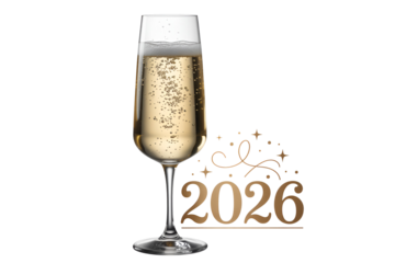 Champagne flute with bubbles and 2026 text isolated on transparent background