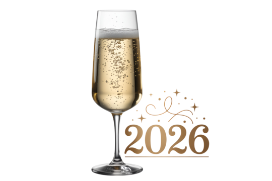 Champagne flute with bubbles and 2026 text isolated on transparent background - Powered by Adobe