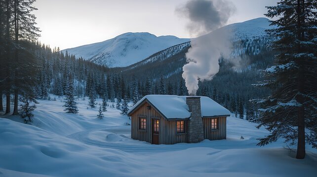 Cozy log cabin in snowy forest with smoke rising from chimney