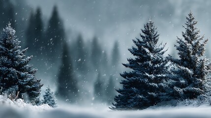 Soft neutral winter tones with blurred fir trees background and fully blank foreground, ideal for clean corporate presentation, marketing banner, or modern seasonal template