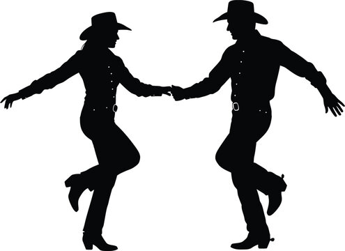Silhouette of couple country line dancing in cowboy hats and western wear eps