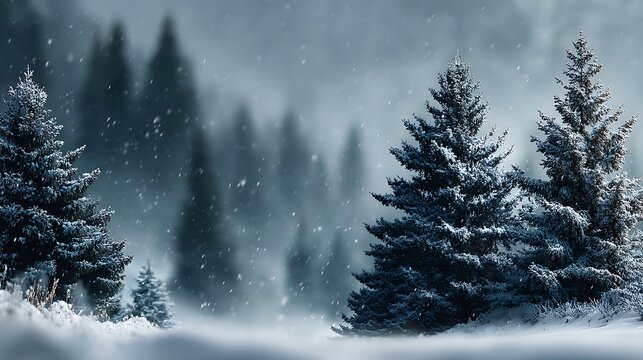 Soft neutral winter tones with blurred fir trees background and fully blank foreground, ideal for clean corporate presentation, marketing banner, or modern seasonal template