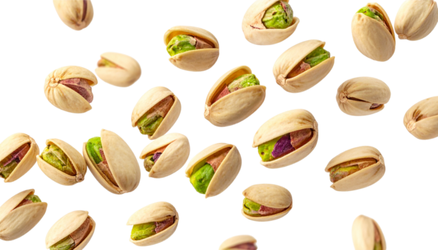 Close-up macro of a heap of dry roasted and salted green pistachio nuts in the nutshell, isolated on a white background