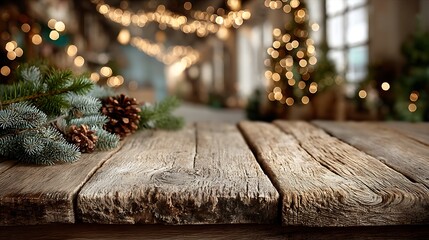 Warm beige wood texture with softly blurred Christmas garland at top, wide lower clean space for holiday marketing banners, seasonal presentations, corporate templates, and festive minimal design