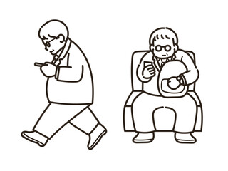 歩きスマホ、座ってスマホをいじる50代のビジネスマンのイラストセット
