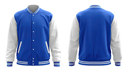 Front and back view of a royal blue varsity jacket with white accents