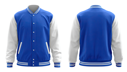 Front and back view of a royal blue varsity jacket with white accents