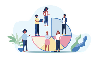 Diverse group of professionals collaborating around a colorful pie chart representing teamwork and business strategy
