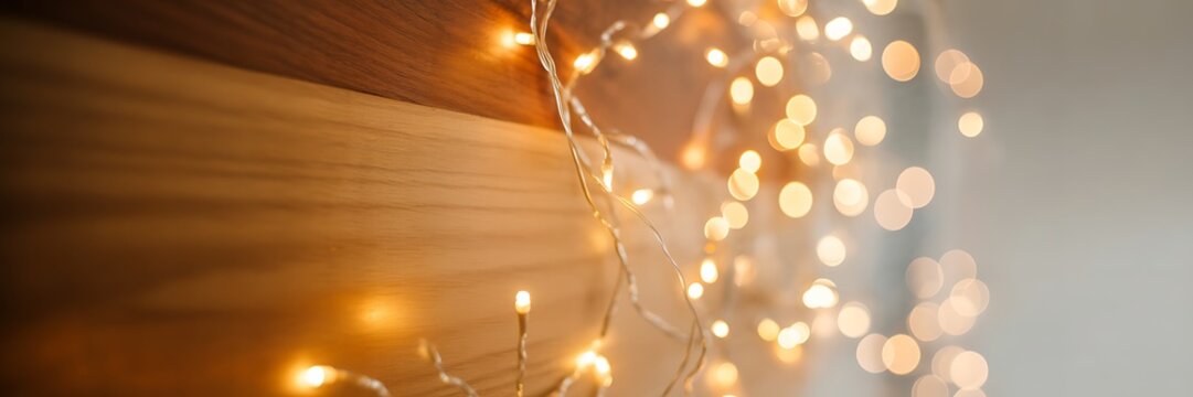 Warm golden fairy lights creating a bokeh effect against a wooden background - Powered by Adobe