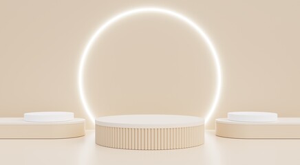 Beige and white podium. Beige background with neon lights for advertising fashion products, cosmetics, spa, skin care cream, premium popular perfume. 3D illustration.