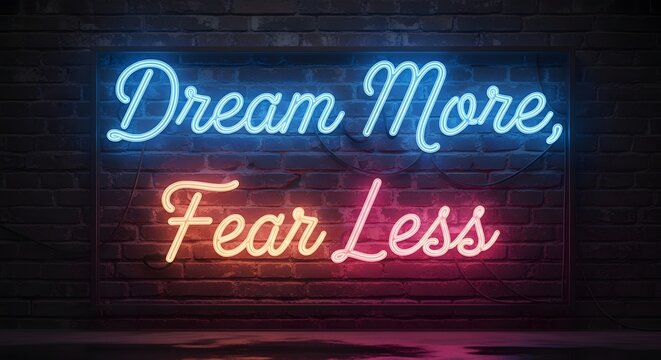 A vibrant neon sign displays the motivational message 'Dream More, Fear Less' against a dark brick wall background, inspiring positivity and confidence - Powered by Adobe