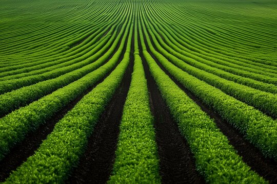 Lush Green Agricultural Crop Rows Stretching Across Farmland