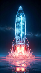 Space Travel Winter Fantasy - Futuristic Ice Rocket Sculpture – Neon Blue Crystal Design in Sci-Fi Luxury Style