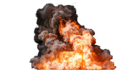 Isolated large intense explosion with flames and smoke billowing upward against a white background creating a dramatic visual effect