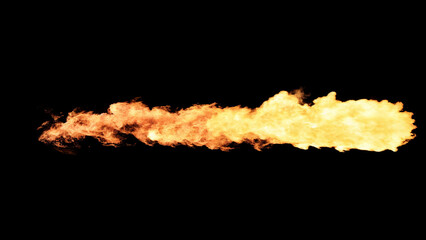 Trail of fire from a rocket or meteor with a fire gradient of colors from orange to yellow and intense bright flames on a black background