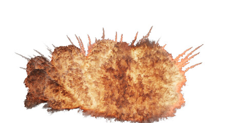Isolated large explosion with lots of smoke and fire emanating from the center with a dynamic and chaotic appearance on a white background