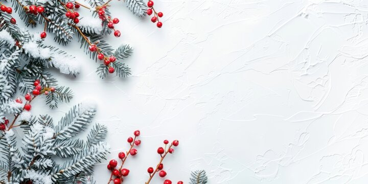Christmas border with snow-covered fir branches and red berries on a white background christmas festival outdoors.